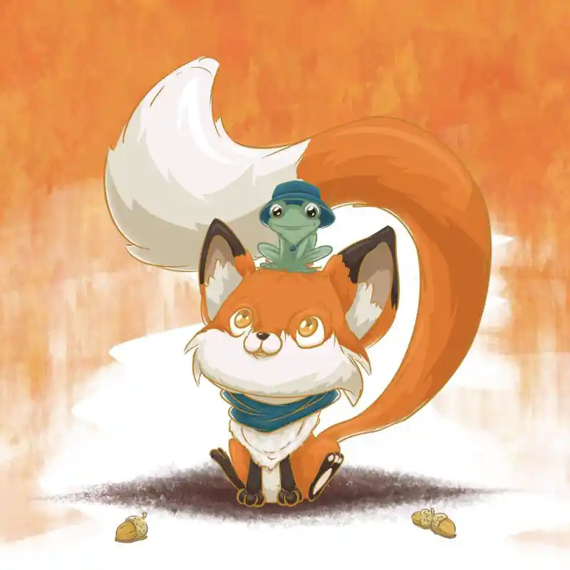 Illustration digitale d'un renard avec une petite grenouille sur la tête sebdygraph graphiste illustrateur normand