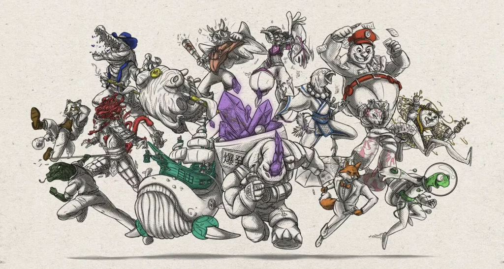 Illustration digitale inktober regroupement de tous les personnages sebdygraph graphiste illustrateur normand