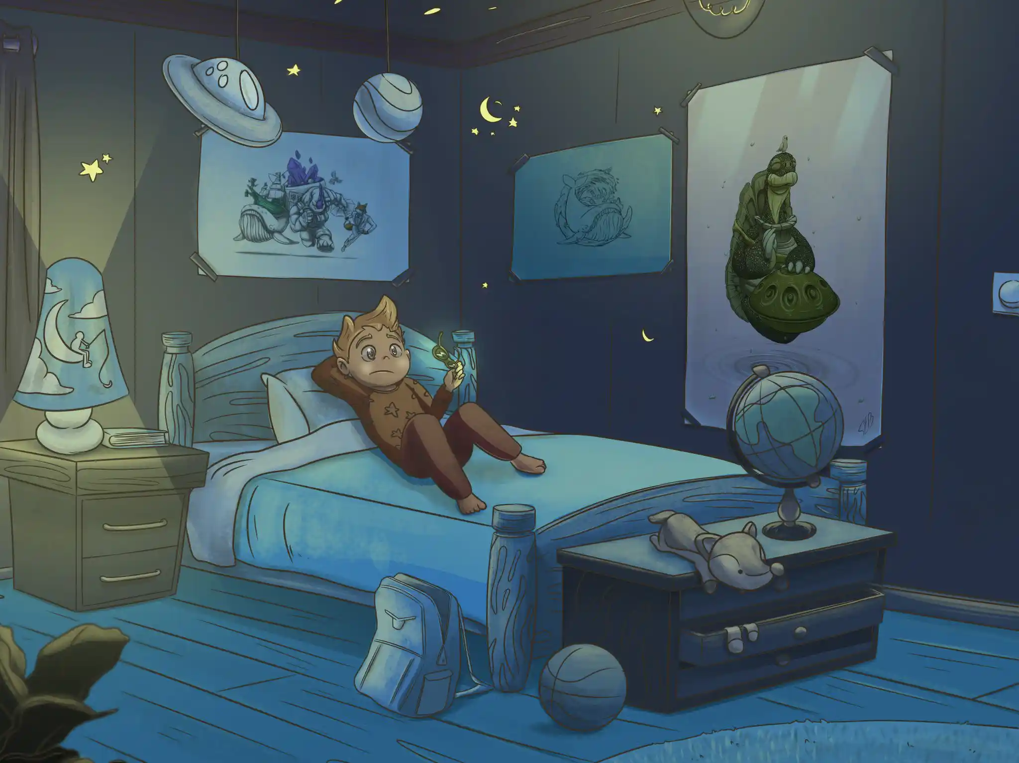 Illustration digitale de Tierro, assis sur son lit dans sa chambre sebdygraph graphiste illustrateur normand