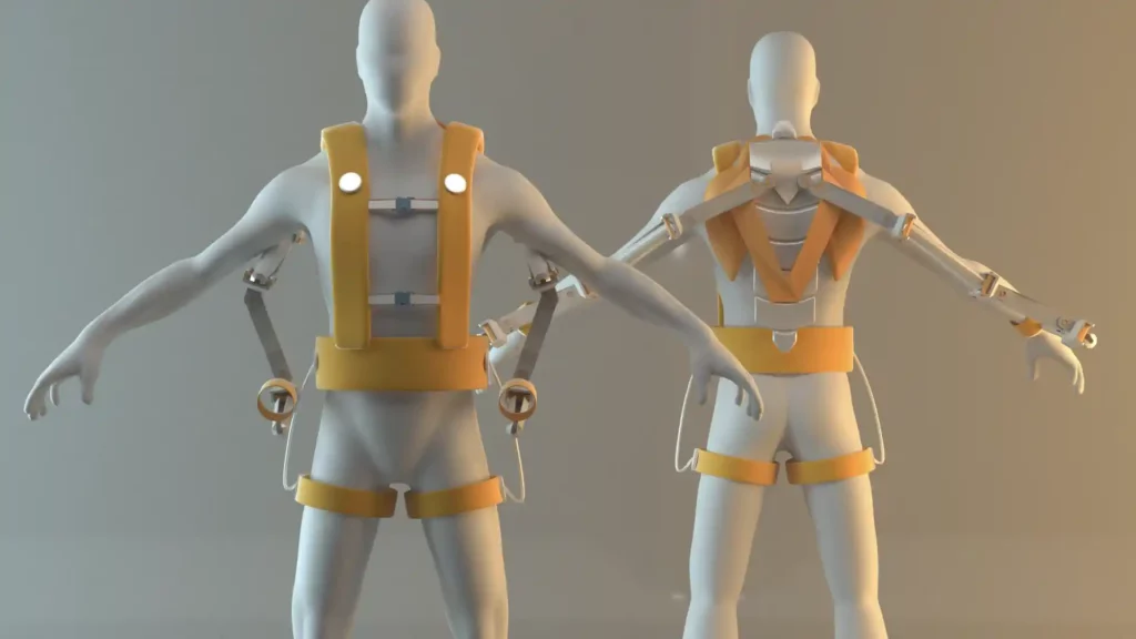 Modèle 3D d'un exosquelette pour les travailleurs déclinaison orange sur mannequin sebdygraph graphiste illustrateur normand