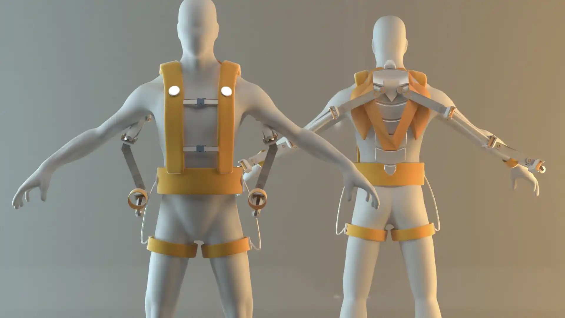 Modèle 3D d'un exosquelette pour les travailleurs déclinaison orange sur mannequin sebdygraph graphiste illustrateur normand
