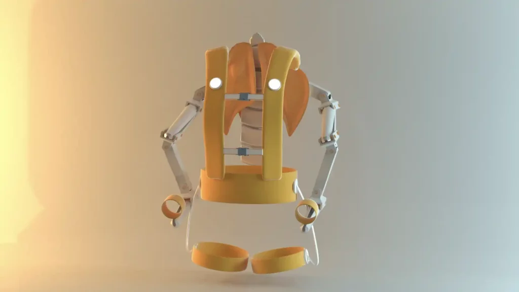 Modèle 3D d'un exosquelette pour les travailleurs déclinaison orange sebdygraph graphiste illustrateur normand