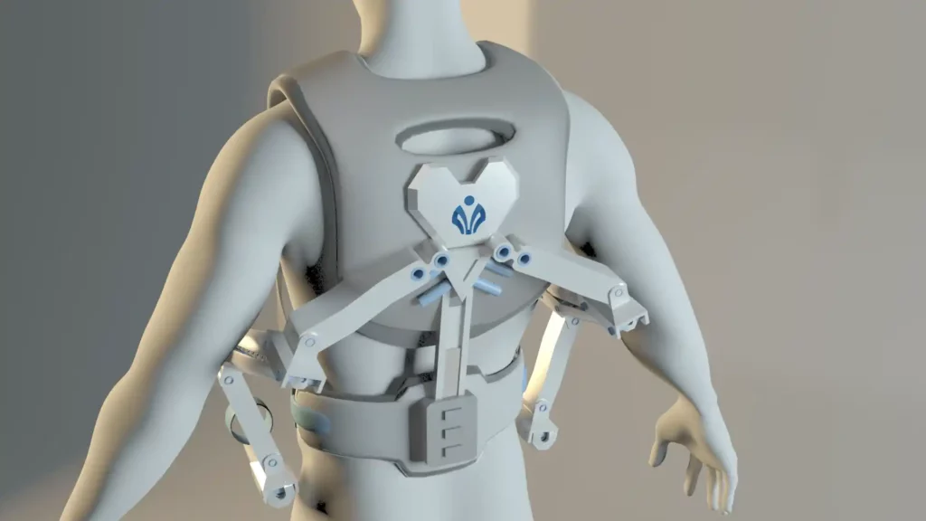 Modèle 3D d'un exosquelette pour les travailleurs vu de dos sebdygraph graphiste illustrateur normand