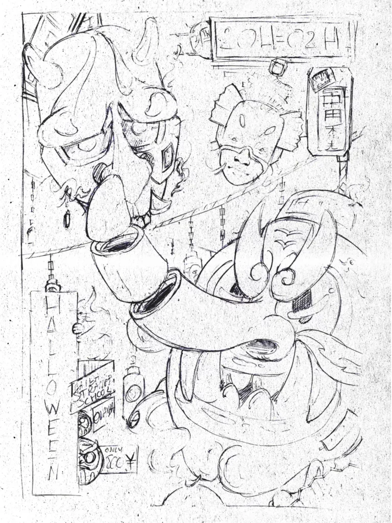 Affiche illustration digitale d'un halloween japonais avec créatures mystiques sketch sebdygraph graphiste illustrateur normand