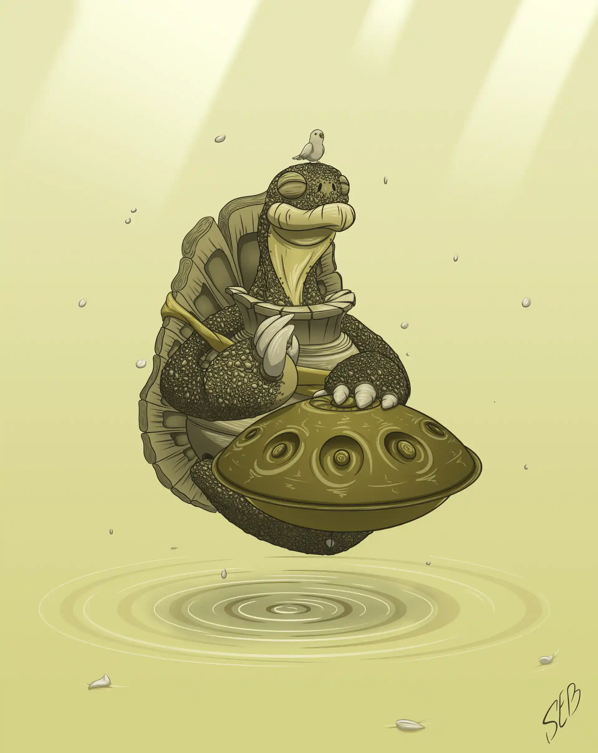 Illustration digitale d'une tortue zen flottante version verte sebdygraph graphiste illustrateur normand