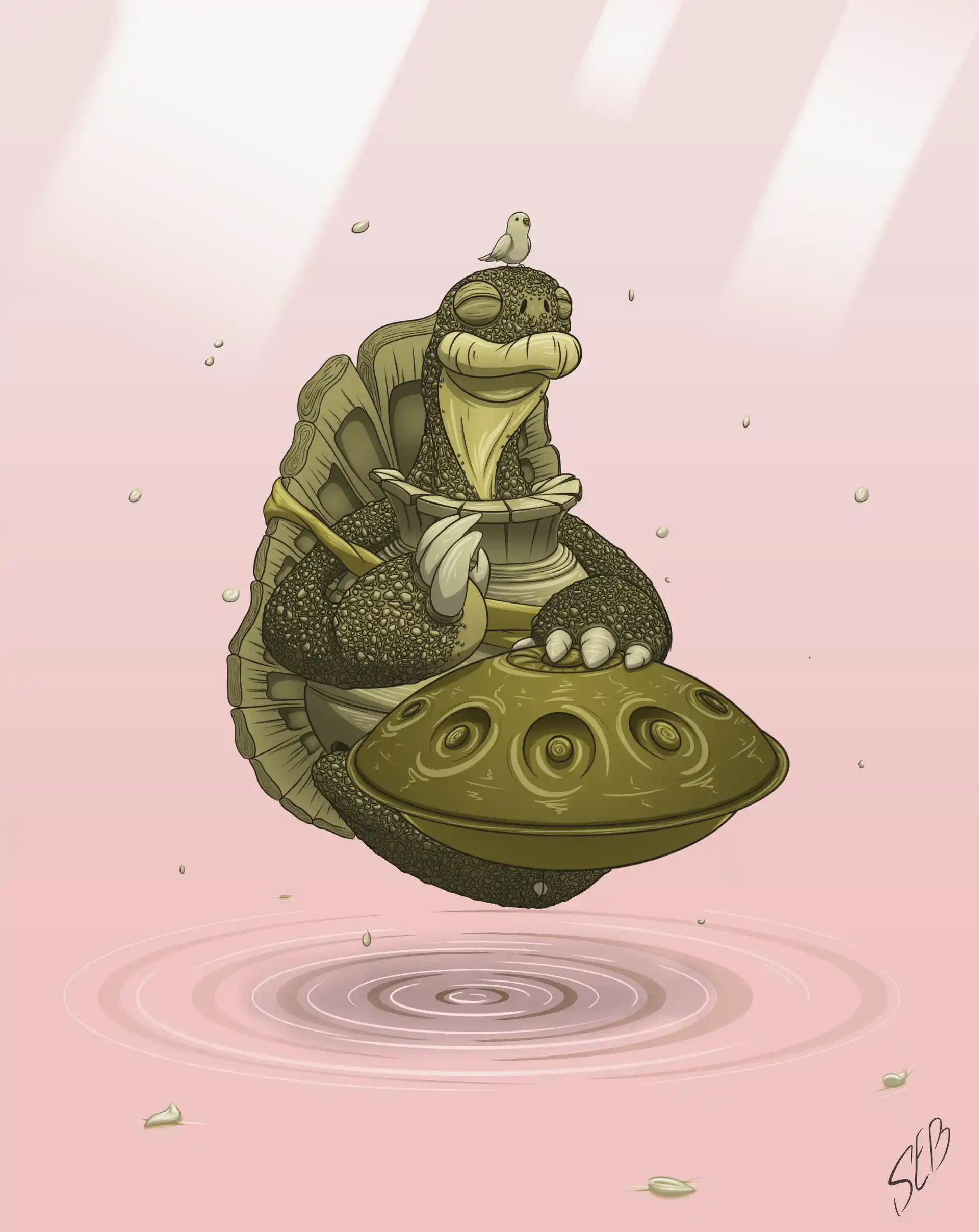 Illustration digitale d'une tortue zen flottante version rose sebdygraph graphiste illustrateur normand