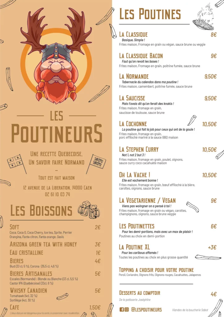 Carte du menu du restaurant les poutineurs caen sebdygraph graphiste illustrateur normand